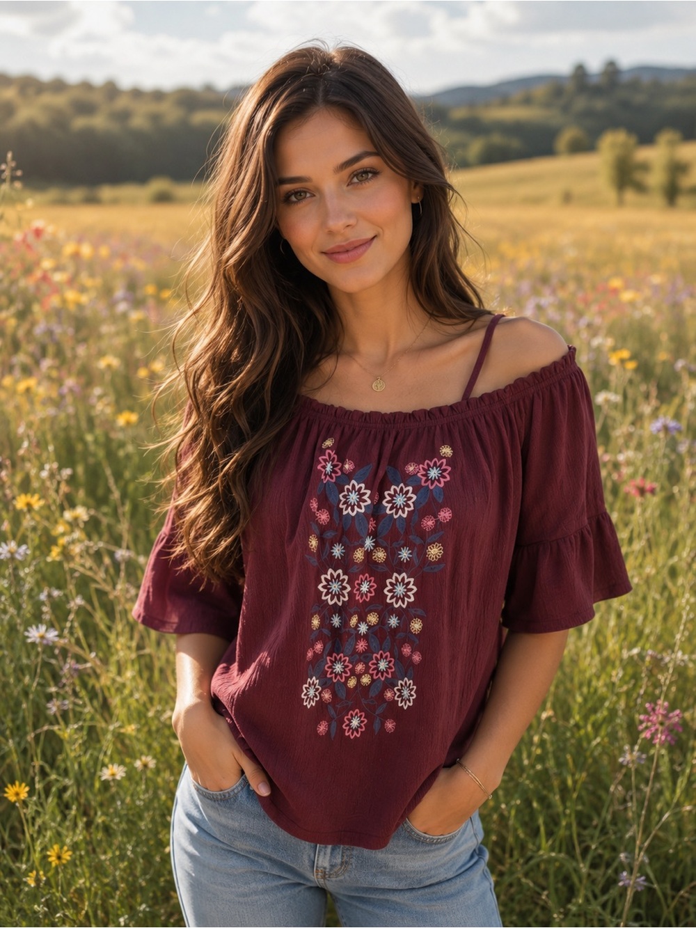 Floral Embroidered boho Off-Shoulder Top
